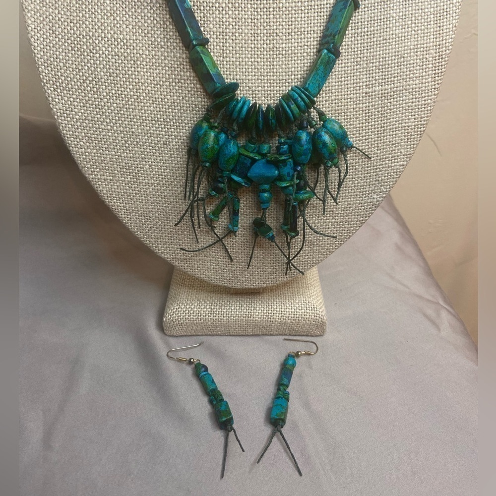 Handmade Bead Necklace & Pierced Earrings~Heavy Waxed Thread~Turquoise/Green